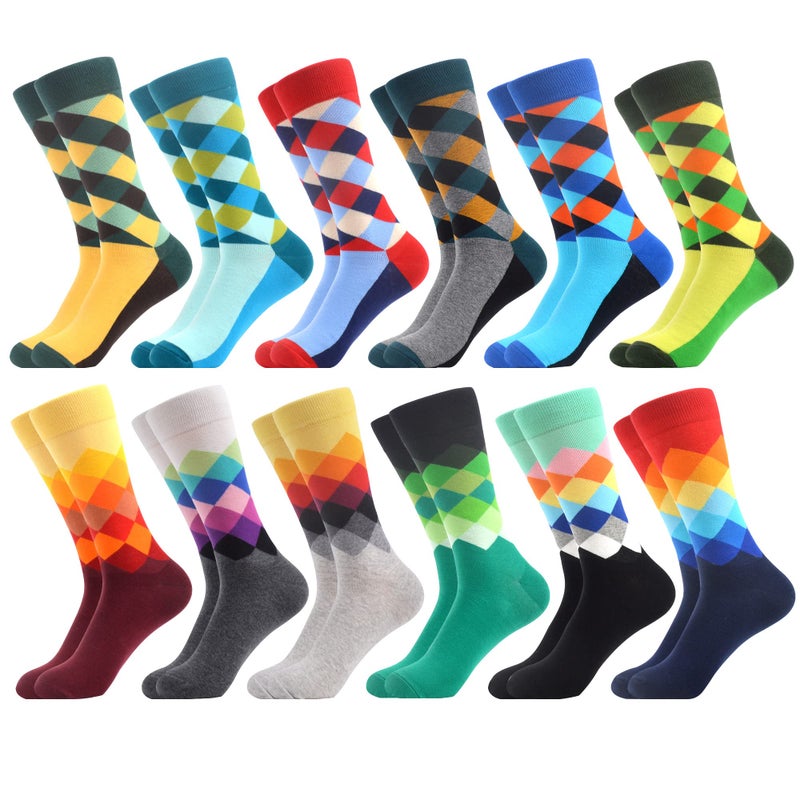 WeciBor Men's Dress Colorful Funny Bright Cool Cotton Crew Socks, 12 Pack Multicolor Argyle, Size 10-13 - Image 1